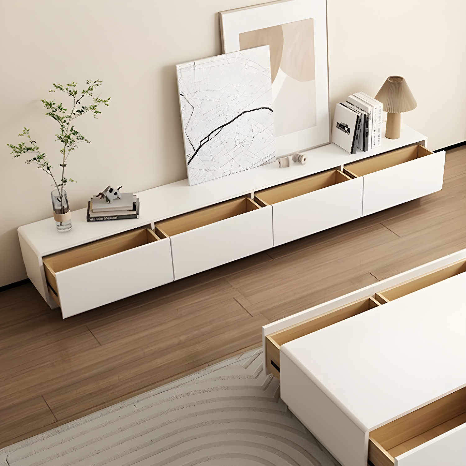 Modern Wood TV Stand with Drawers and Low Height, Featuring Cable Management - image 3