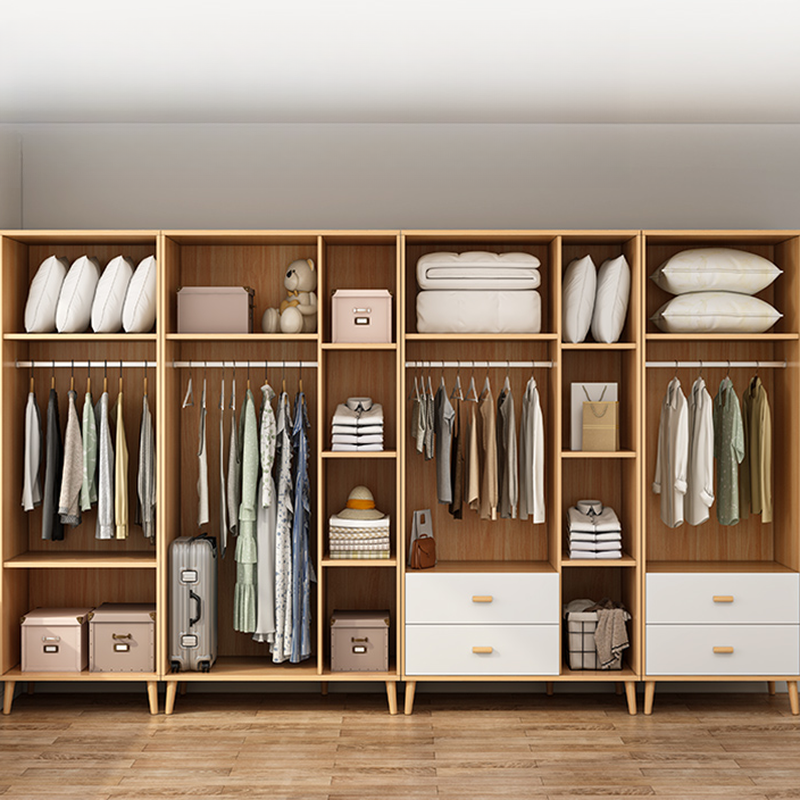 Wood Color Modish Self-supporting Cabinet Armoire with Soft Close Door, Interior Shelves, and Hanging Rod