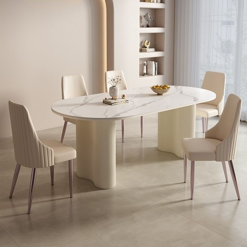 Modern Simple Style Oval Slate Dining Table Set with Dual Footing, Solid Back Panel in Chalk Color