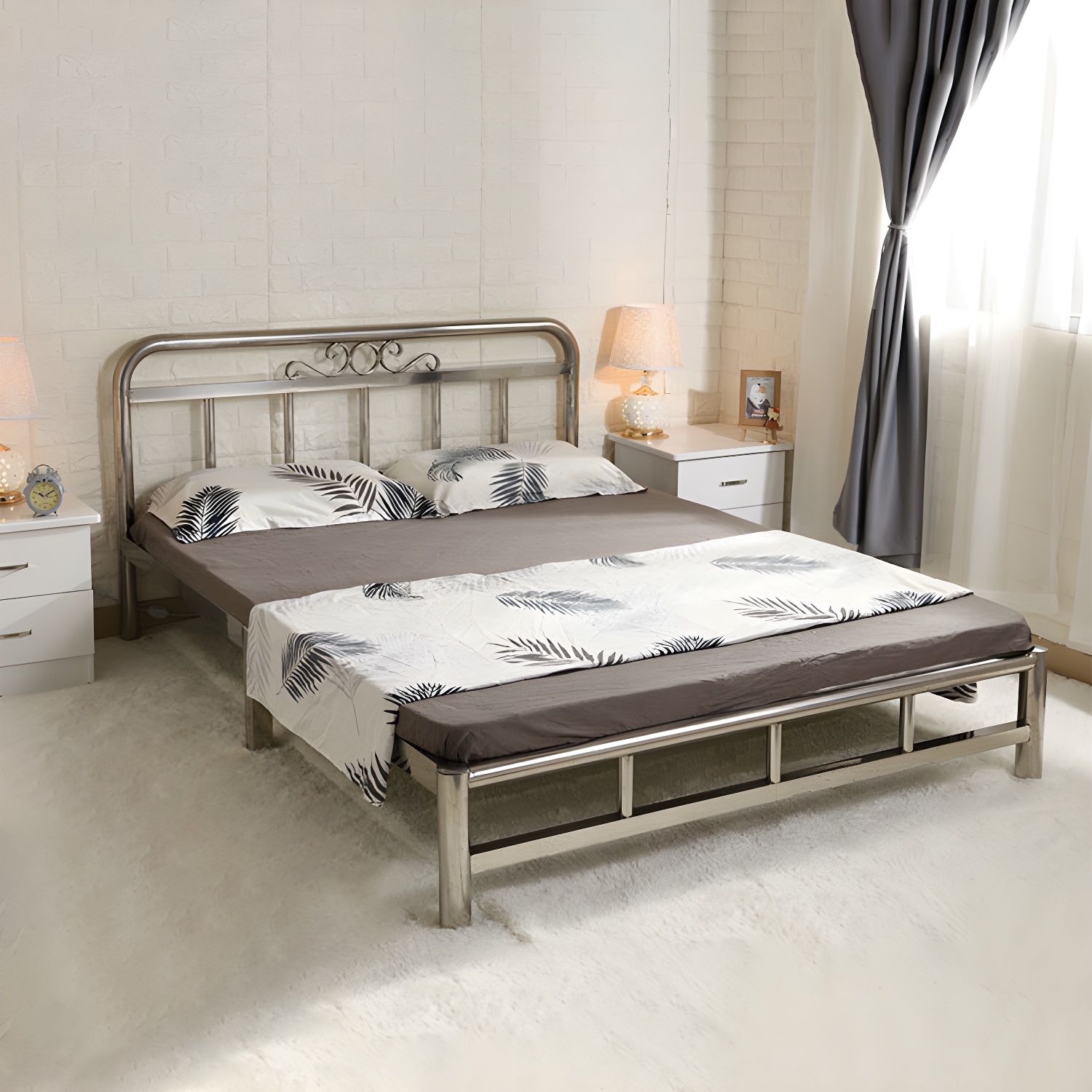 Silver Modern Steel Bed Rectangular Minimalist Bed with Metal Legs