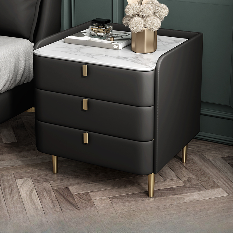 Art Deco 3 Tiers Drawer Storage Bedside Table with Stone Countertop