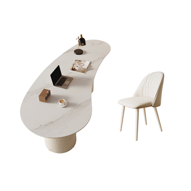 Fixed Free Form Dining Table Set with Double Pedestal, a Chalk Slate Tabletop and Upholstered Chairs in an Art Deco Style
