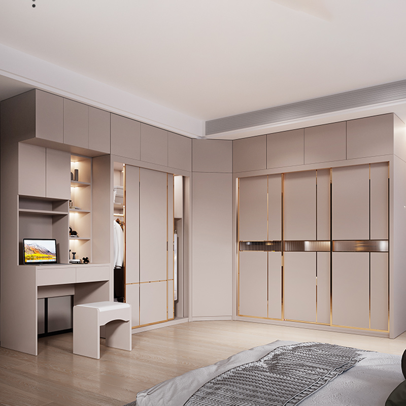 Modern Brown Wooden Wardrobe Armoire with Mirror, Drawers, and Shelves