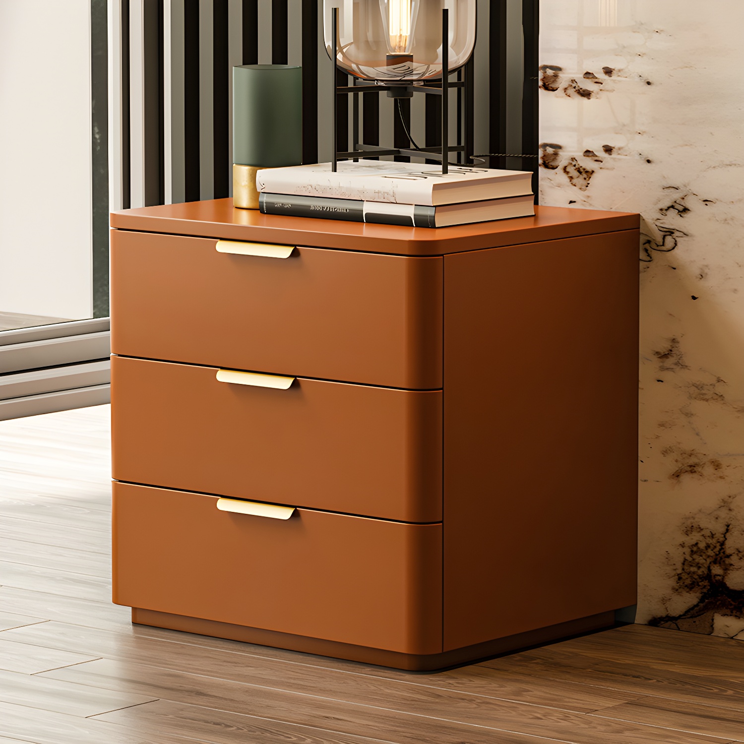 Contemporary Accent Table Nightstand Leather Nightstand with 3 Drawers - image 9