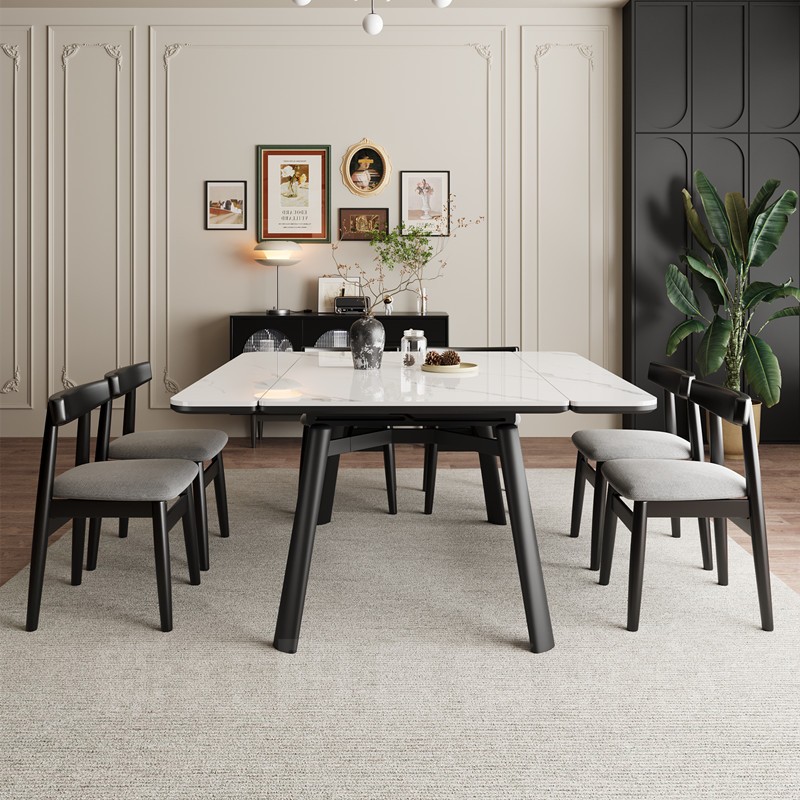 Rectangular Slate Stone Dining Table Set with 4 Legs, Padded Chair with Back, 7 Piece Set in White