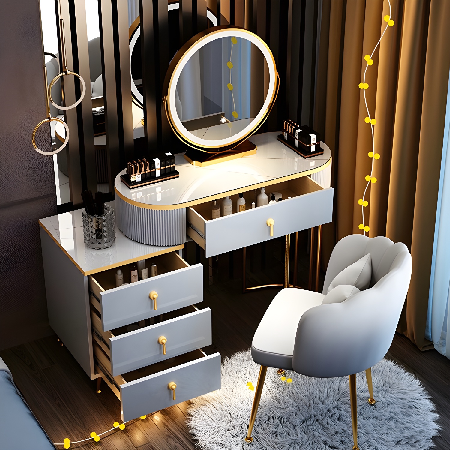 Contemporary Vanity Makeup Dressing Table Stool Set with Storage Drawers - image 3