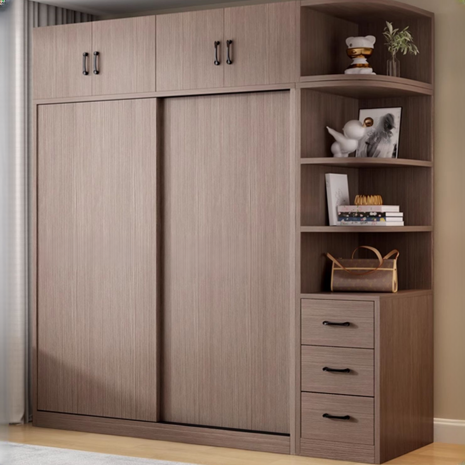 Sleek Natural Finish Modern Wooden Standalone Wardrobe Closet with Soft Close Features and Hanging Rod - image 3