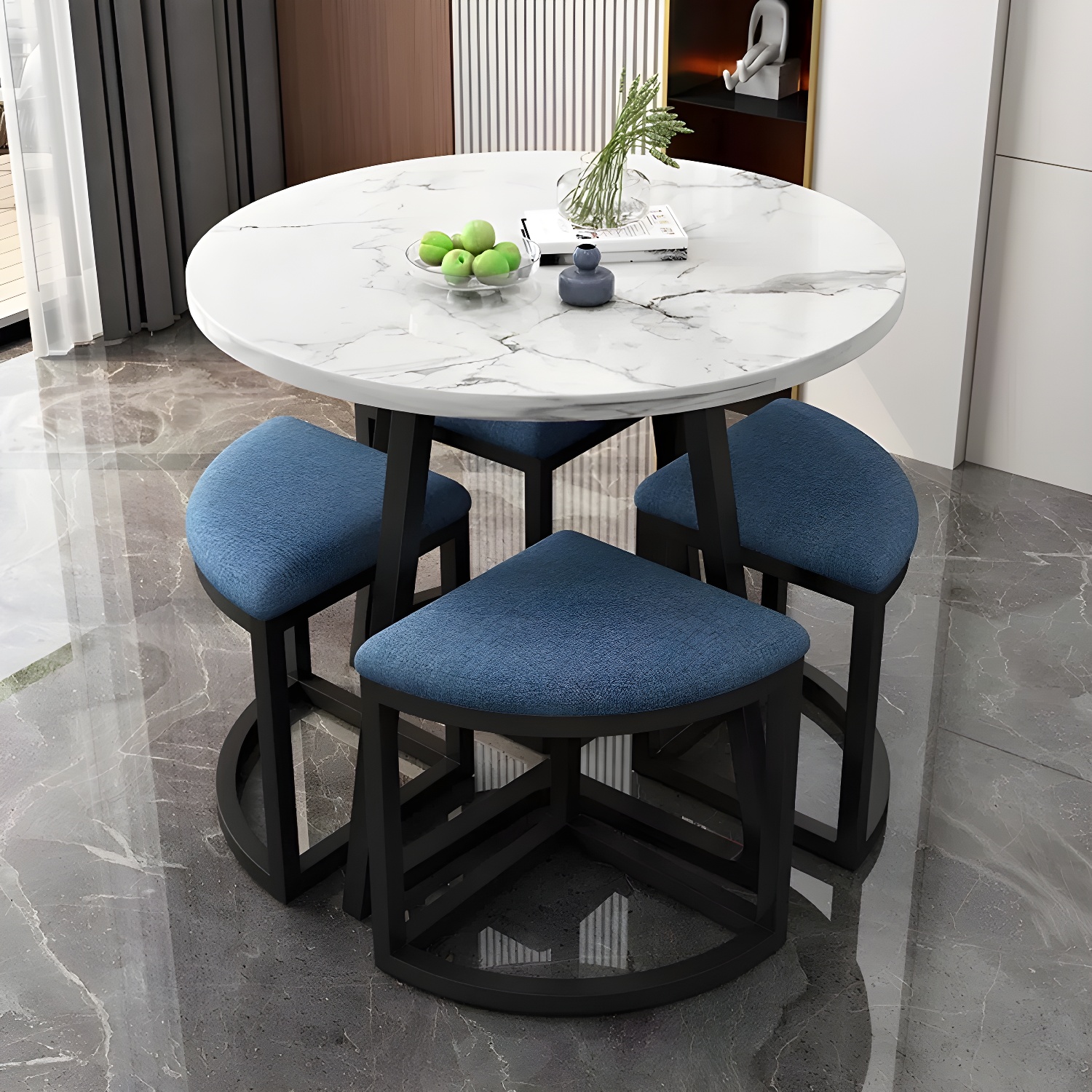 Round White Wood Tone Modern Dining Set with Metal Pedestal Base - Seats 4