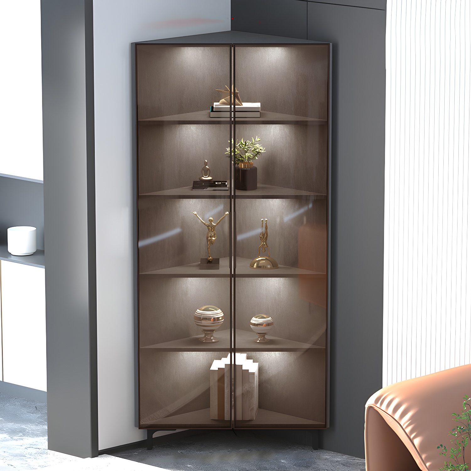 Scandinavian Corner Accent Cabinet with Glass Doors and Black Metal Base - Small Size - image 8