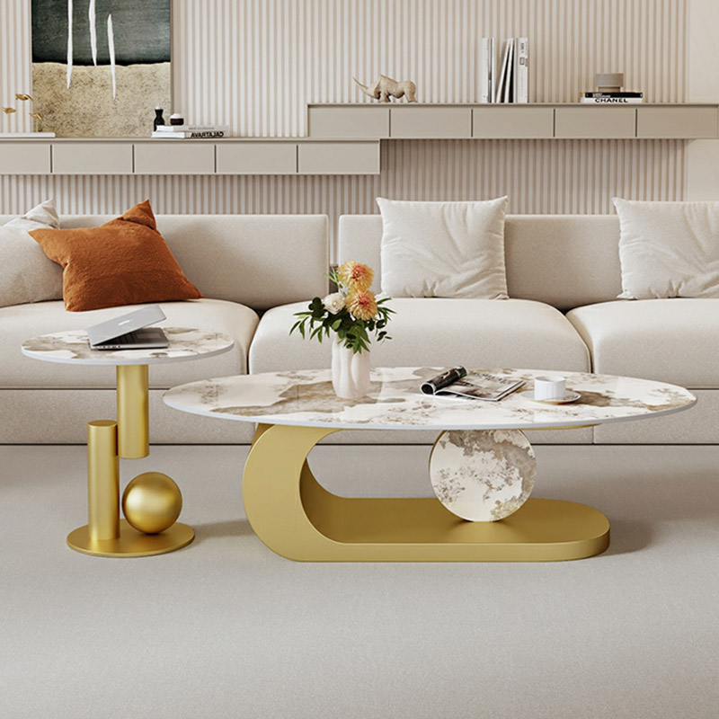 Elegant Stone Oval Coffee Table with Iron Block Base for Living Room - image 14