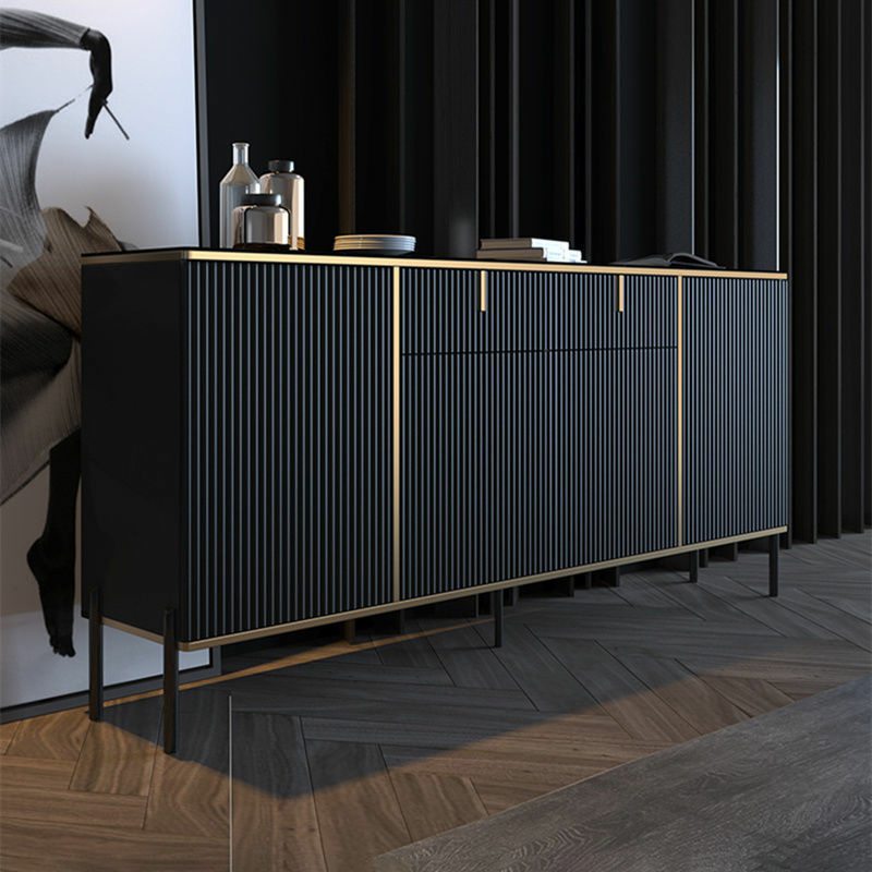 Black Floor Freestanding Sideboard in Wood with Glass Countertop and Kitchen Appliance Storage for Living Room in a Trendy Style - image 4