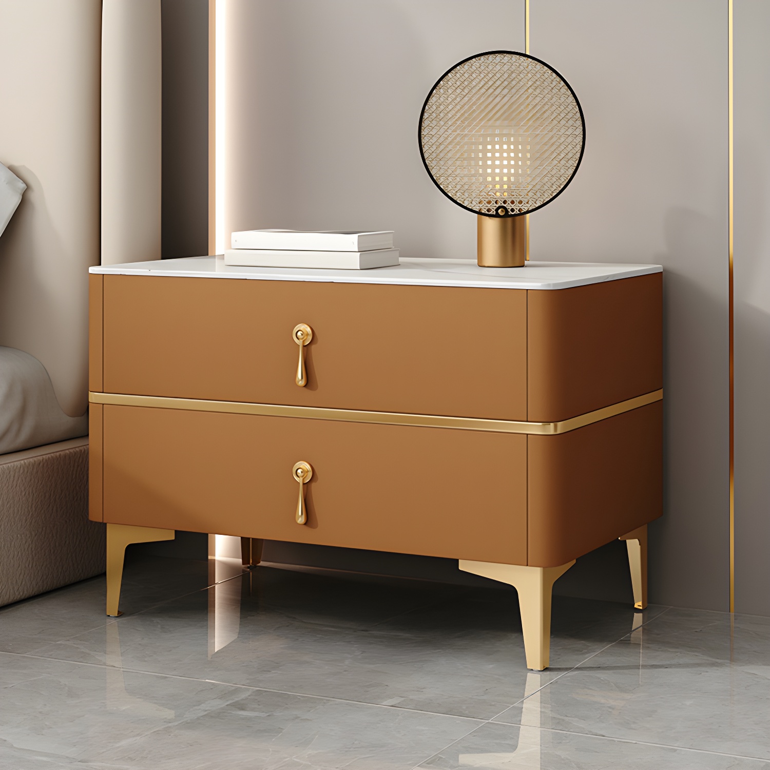 Glam Style Sintered Stone Top 2- Drawer Nightstand with Legs for Bedroom - image 8