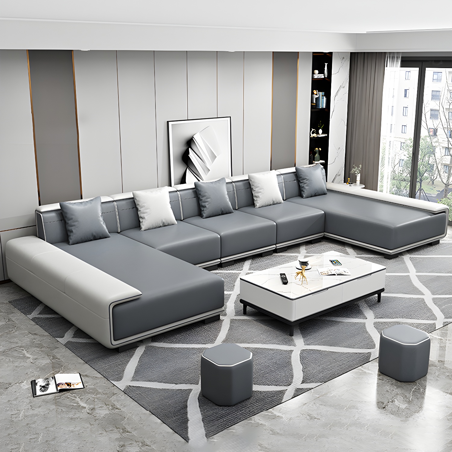 Faux Leather Sofa & Chaise with Pillows Modern U Sofa in Gray - 29.53" H - image 7
