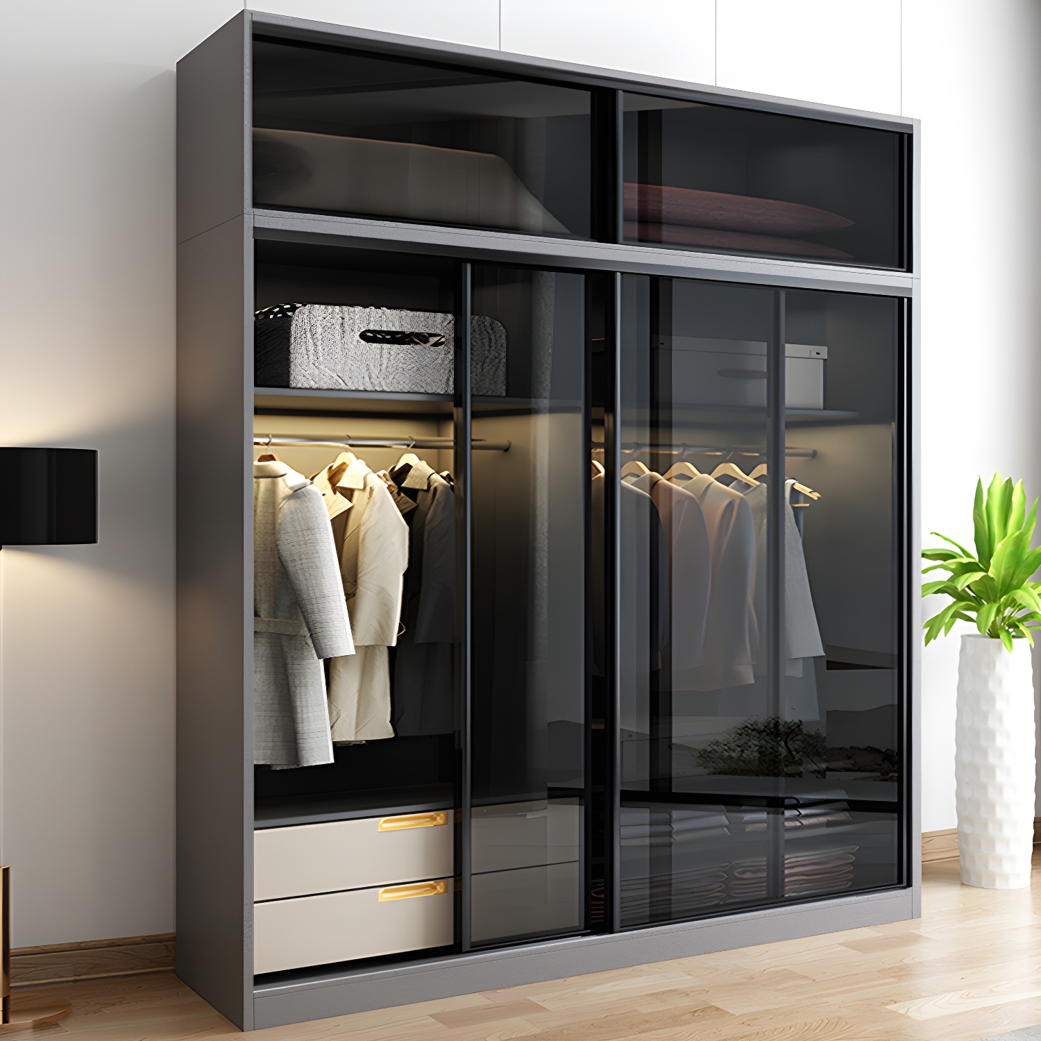 Contemporary Wood and Tempered Glass Wardrobe Freestanding Wardrobe Armoire without Light - image 4
