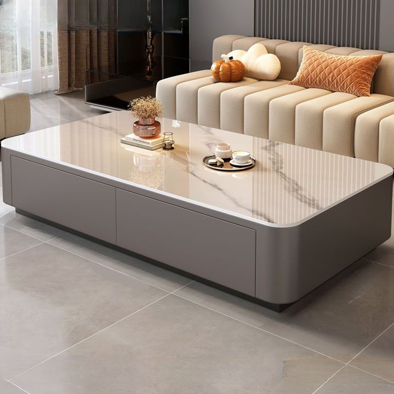 Contemporary Design Single Set Geometric Figure Rock Top Board Game Coffee Table with Block Base in Gray/Chalk and 2 Drawers - image 3