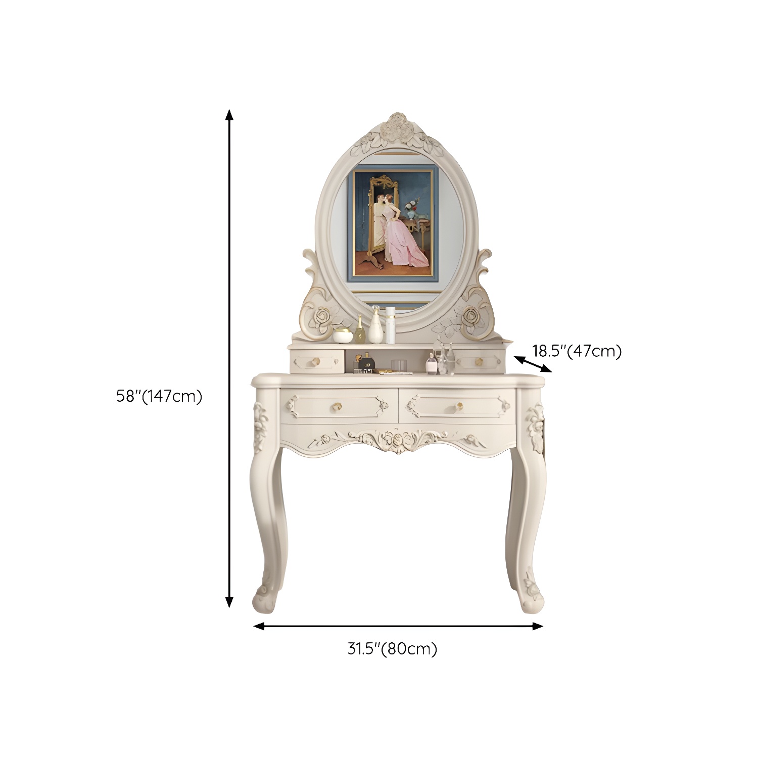 Elegant White Victorian Makeup Vanity Set with Wood Top & Mirror & Drawers & Upholstered Chair - image 12