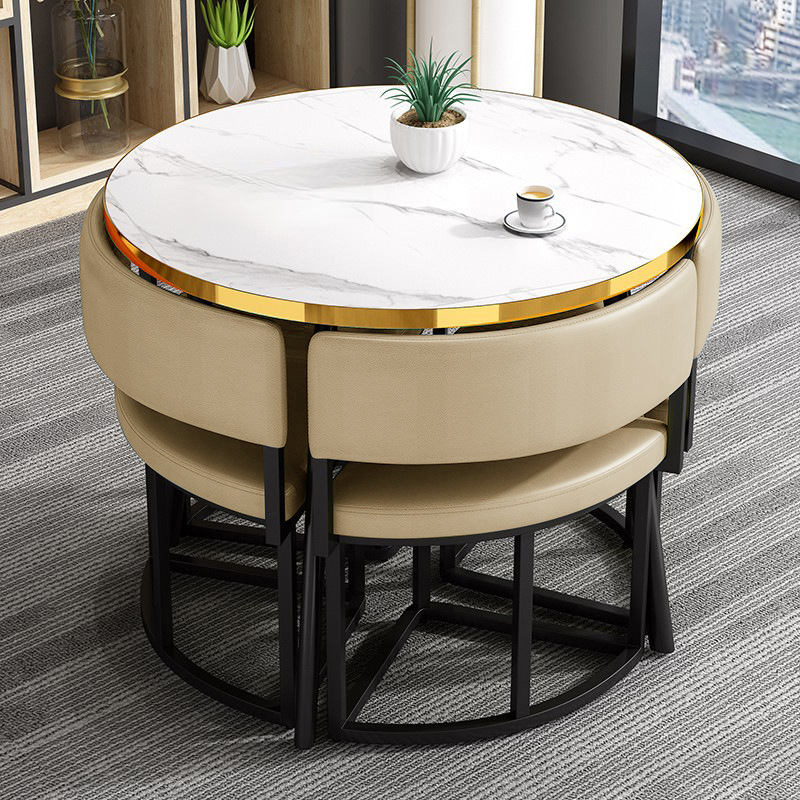 Art Deco Circular-shaped Upholstered Chair Metal & Faux Wood Dining Table Set with Upholstered Back in White, 5 Pieces - image 8
