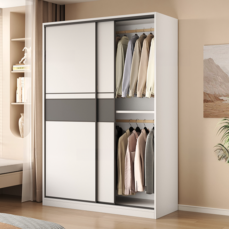 White Minimalist Manufactured Wood Wardrobe Closet with Interior Shelves and Clothing Rod - image 4