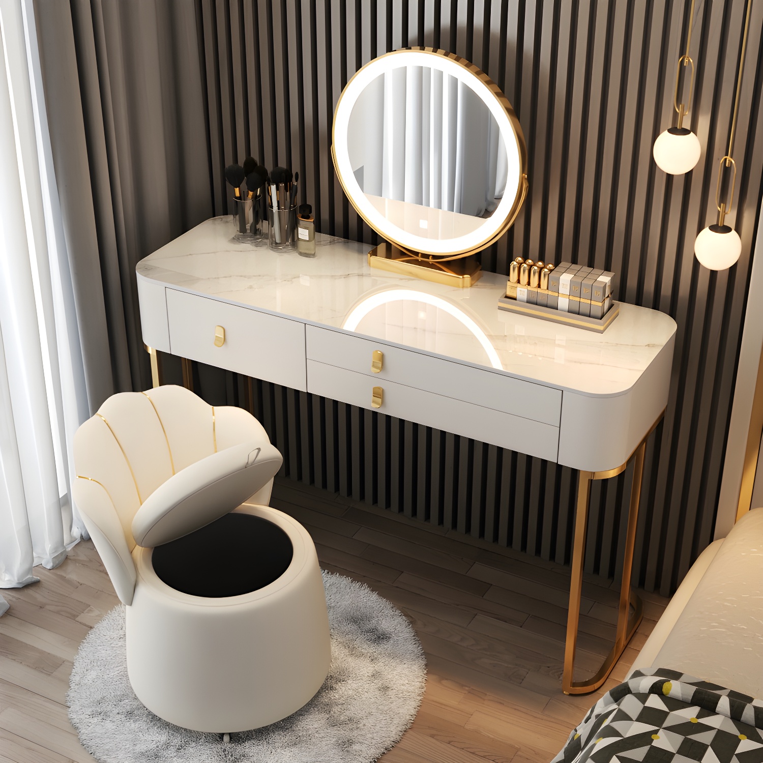 Luxurious Vanity Dressing Table Solid Wood Vanity Set with Stool and Mirror - image 17