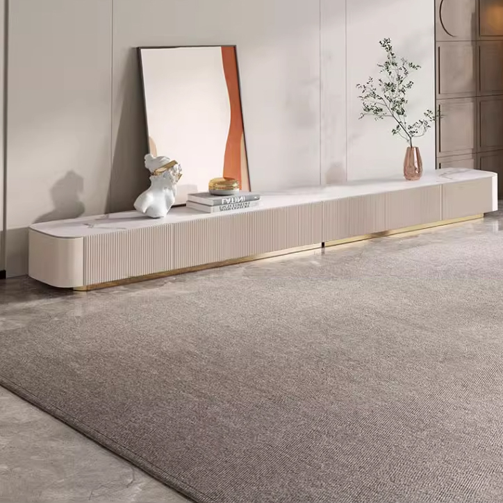 White Modern TV Stand with Low Height, Stone Material & Drawers for Full Assembly - image 9