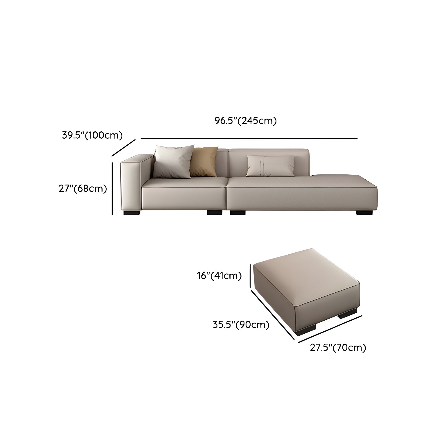 Modern Gray Faux Leather Sofa Chaise with Square Arms and Pine Wood Legs - image 20