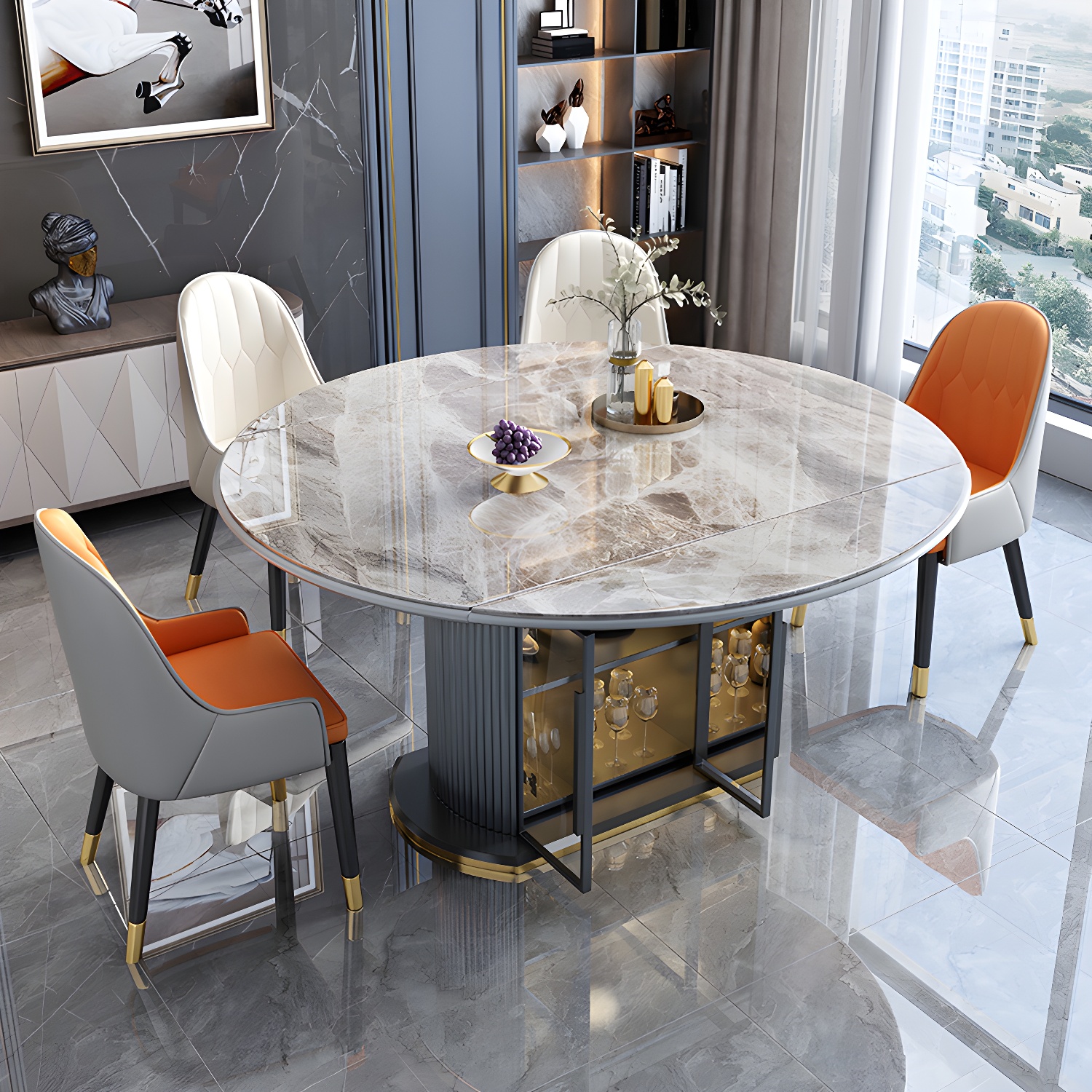 Modern Style Stone Furniture 1/5/7/9/11 Pcs Round Shape Dinette Table with Dining Chair