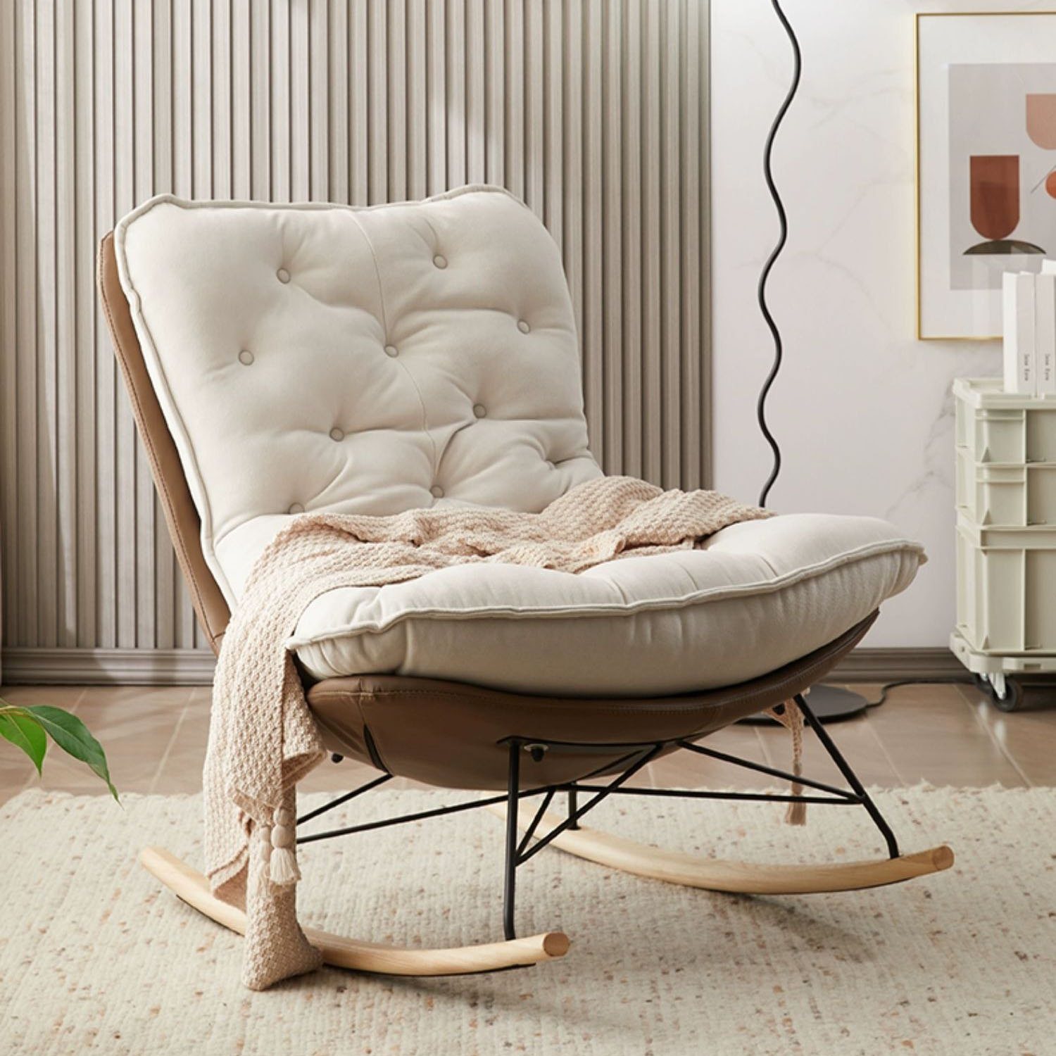 Modish Sand Ash Upholstered Rocking Accent Chair with Spindle Back and Stain Resistant - image 15
