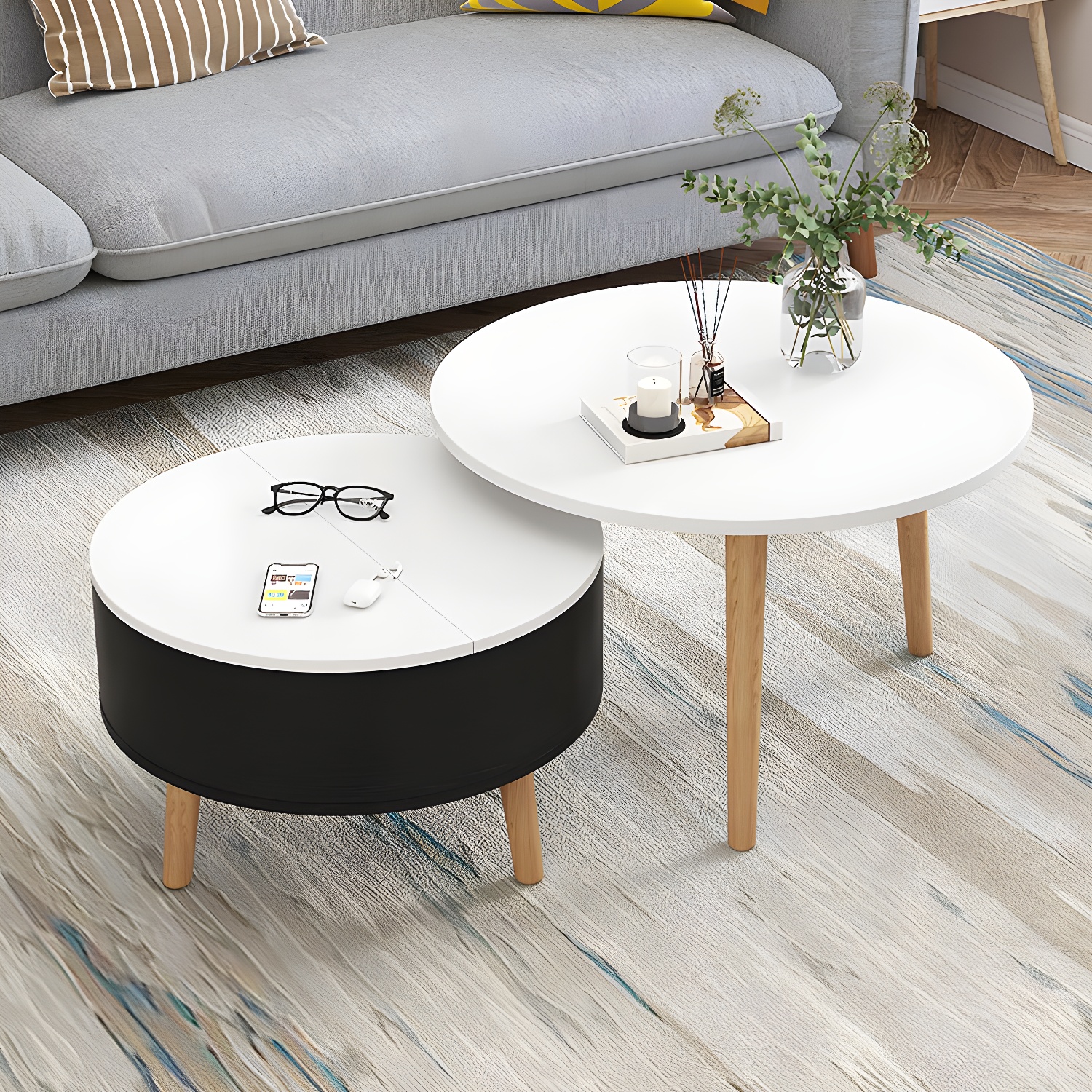 Round Solid Wood 3 Legs Coffee Table with Storage Drawers Modern Cocktail Table - image 10