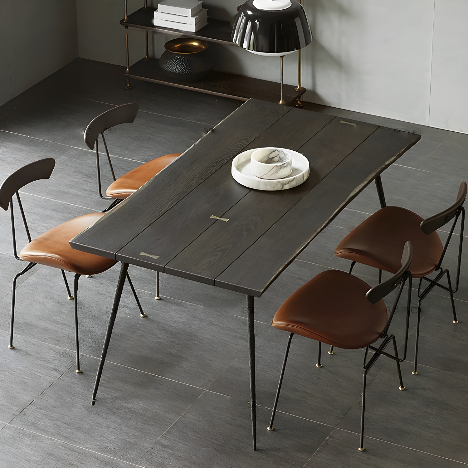 Black Oak Wood Dining Table Set 1/2/5 Pcs Industrial Metal Dinette Set for Home