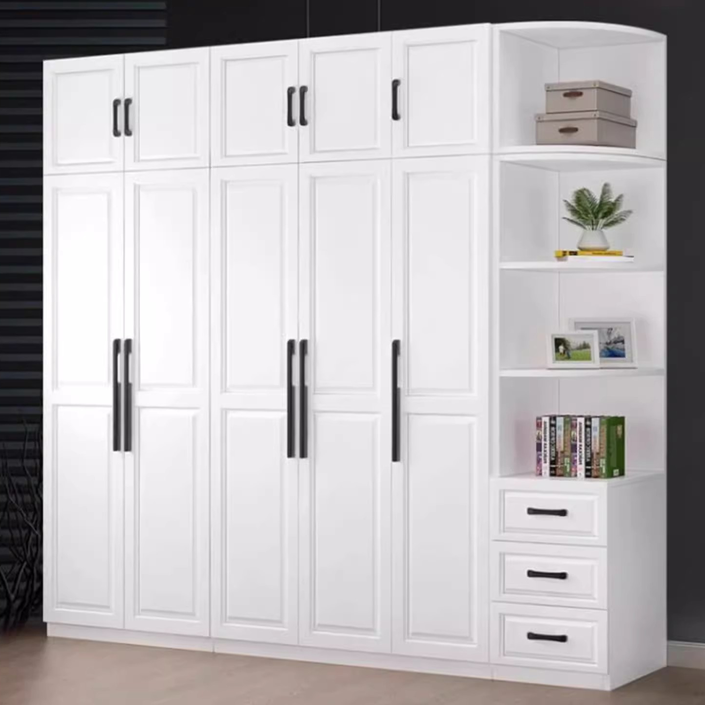 Chalk Modish Wood Wardrobe Closet with Soft Close Drawer, Soft Close Door, Interior Shelves, and Clothing Rod