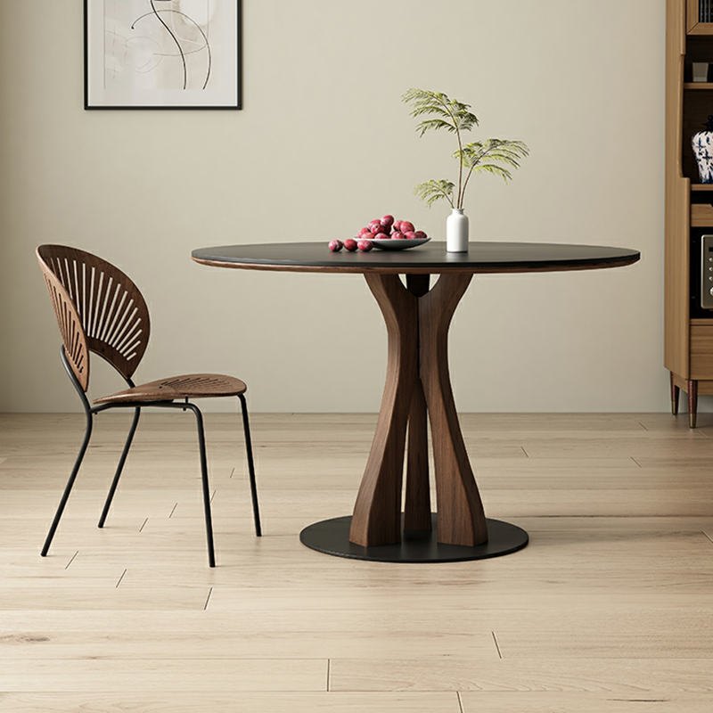 Round Modern Stone Top Dining Table with Solid Wood Pedestal Base - image 3