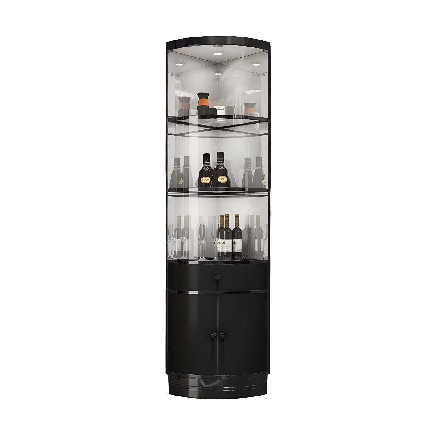 Corner Modern Accent Cabinet with Wood Counter Top, Glass Doors, and Metal Base - image 9