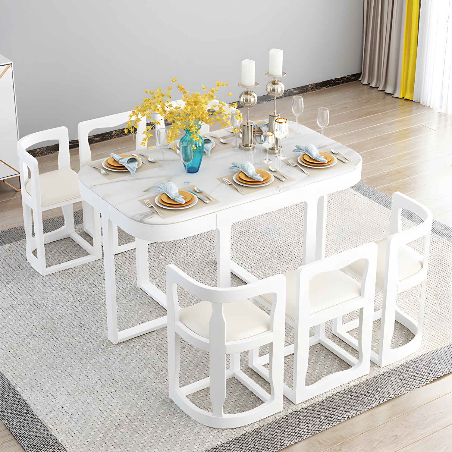 7-Piece Modern Wood Dining Set with Trestle Base and Upholstered Chairs in White - Seats 6 - image 9