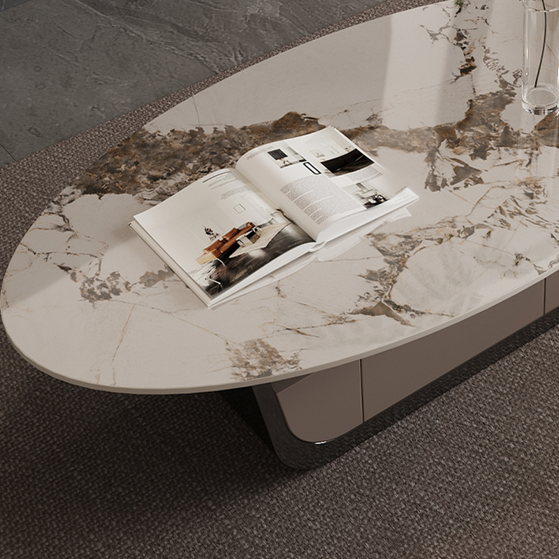 Glamorous Oblong Stone Coffee Table with Abstract Base, Scratch-proof and Drawer for Small Spaces - image 9
