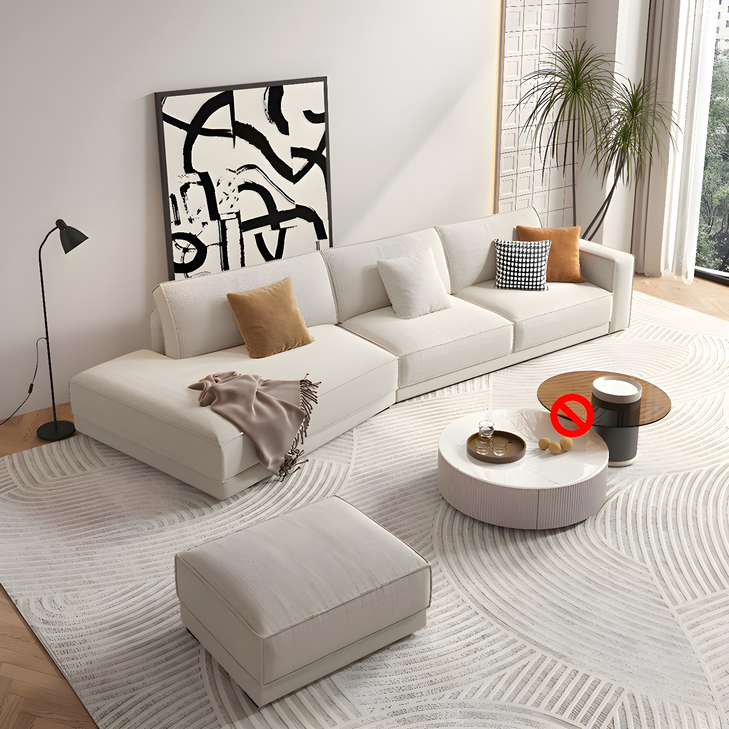Modern Beige Linen L-Shape Sofa Chaise with Square Arm in Wood Frame