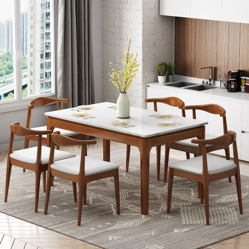 Scandinavian Rectangular Sintered Stone Dining Table Set with Four Legs Fixed Table for 4/2 People in Ink/Chalk - image 4
