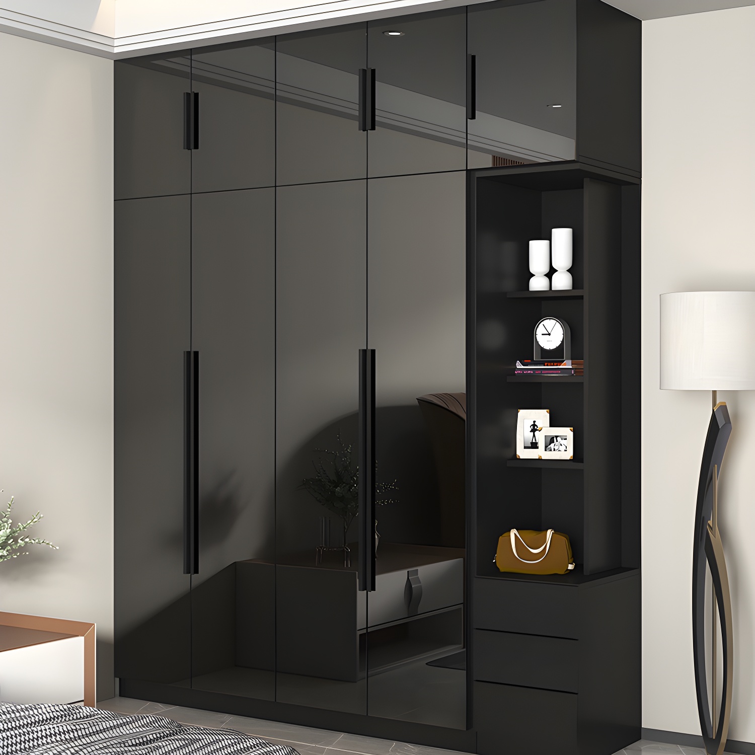 Modern Glass Doors Wardrobe Cabinet Black Bedroom Storage Cabinet Excluding Lighting - image 3