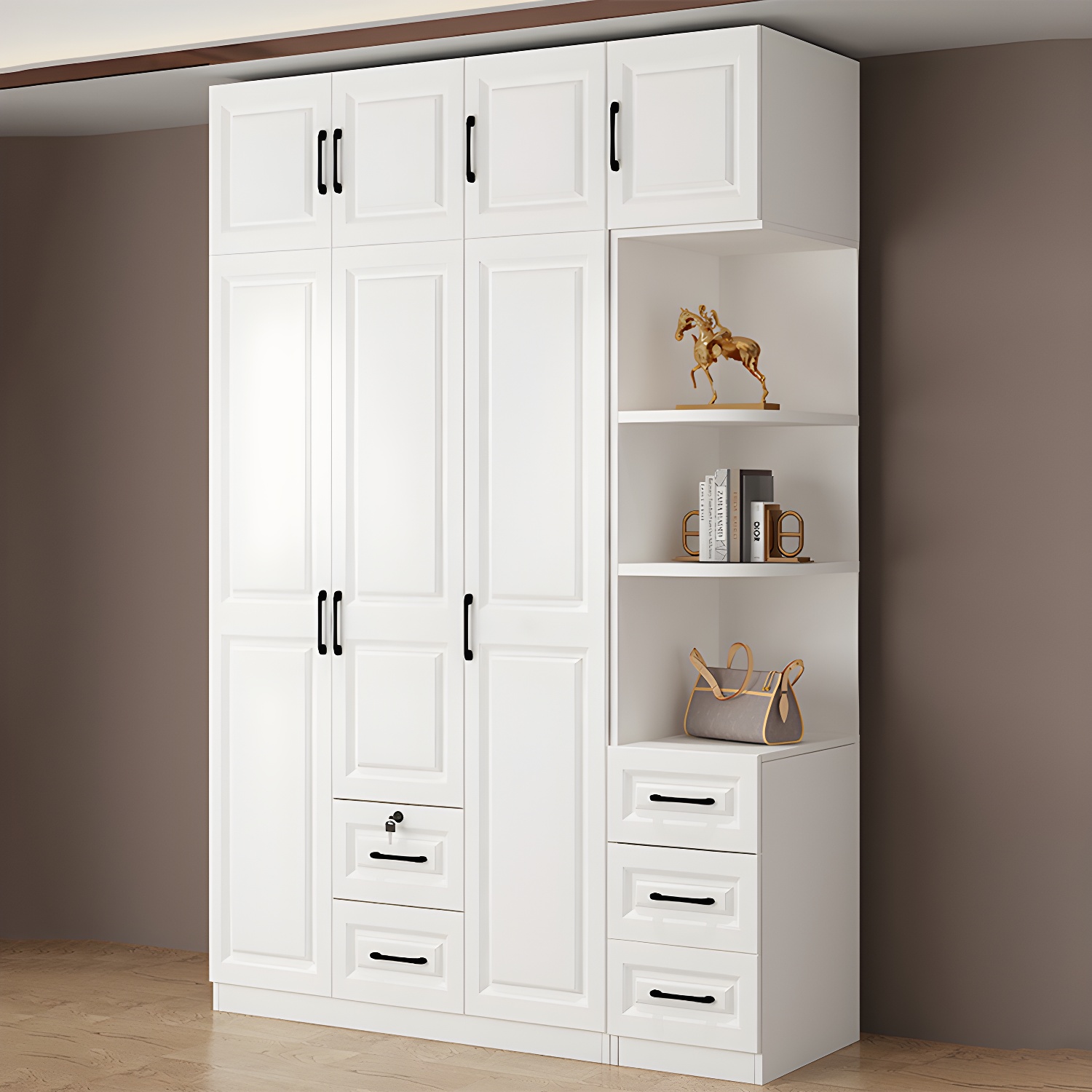 Wood White Modern Wardrobe Armoire with Drawers, Shelves, and Clothing Rod - image 10