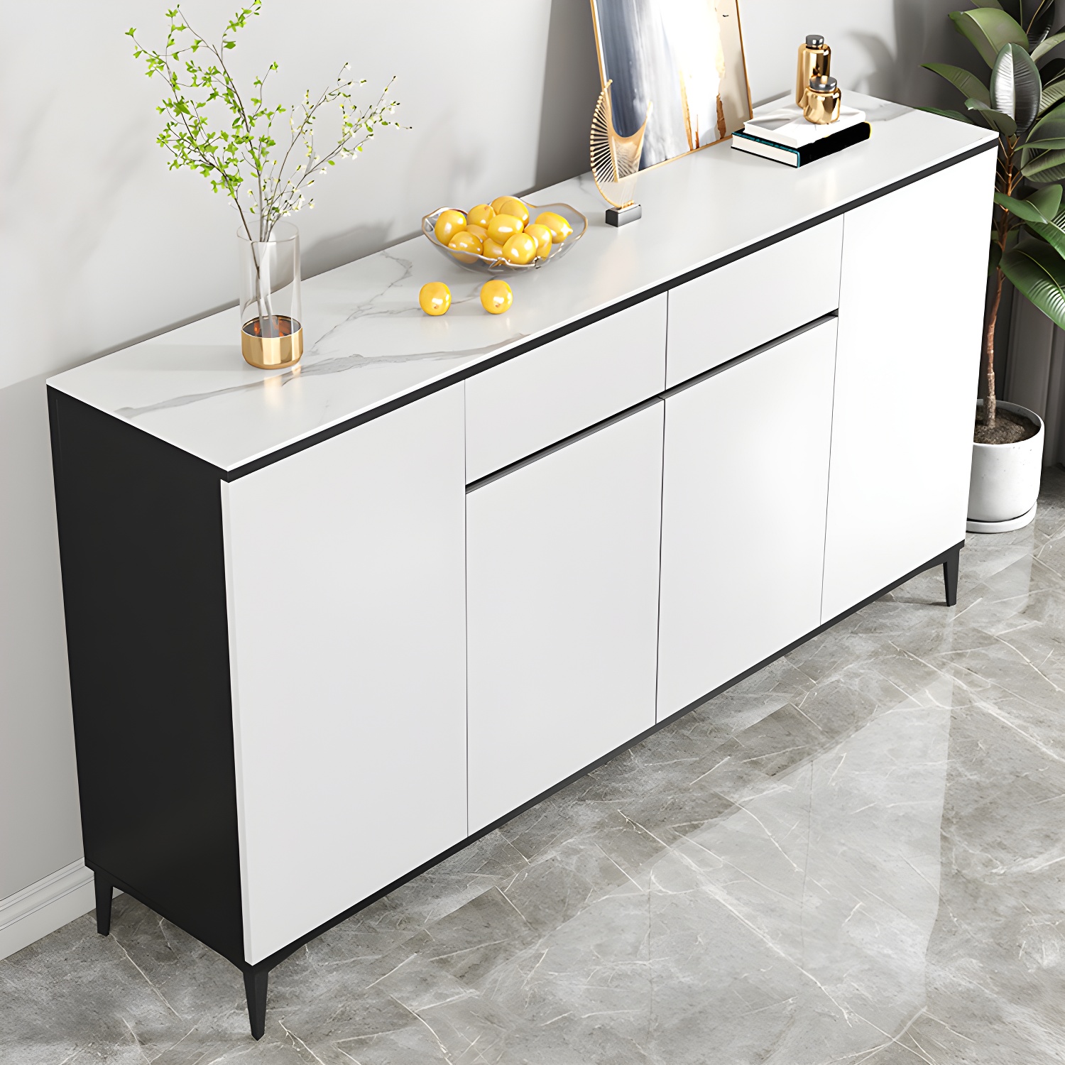 White Wood Buffet Sideboard with Drawers and Cabinet Included