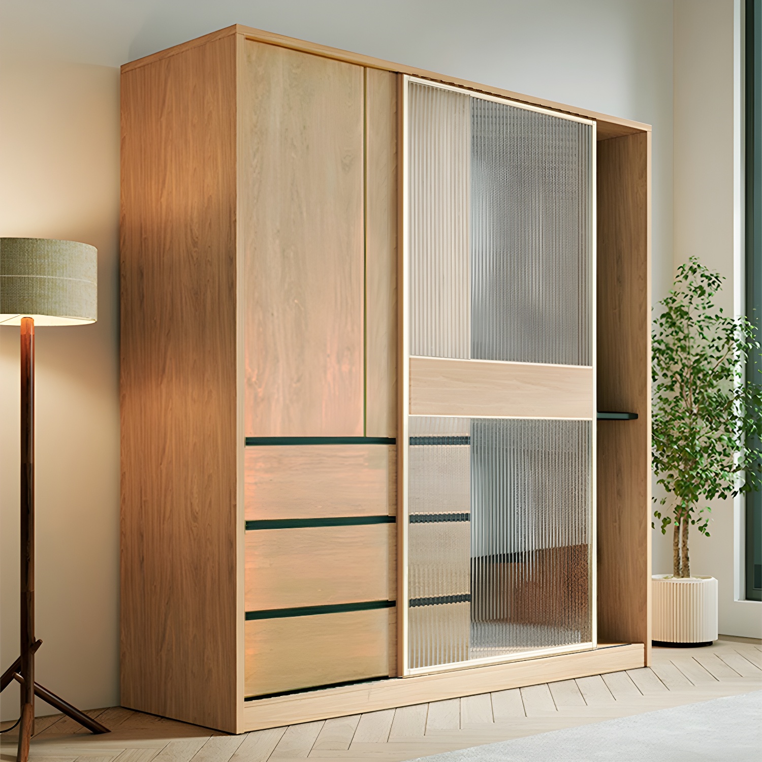 Engineered Wood Wardrobe Armoire with Drawer Modern Wardrobe Closet