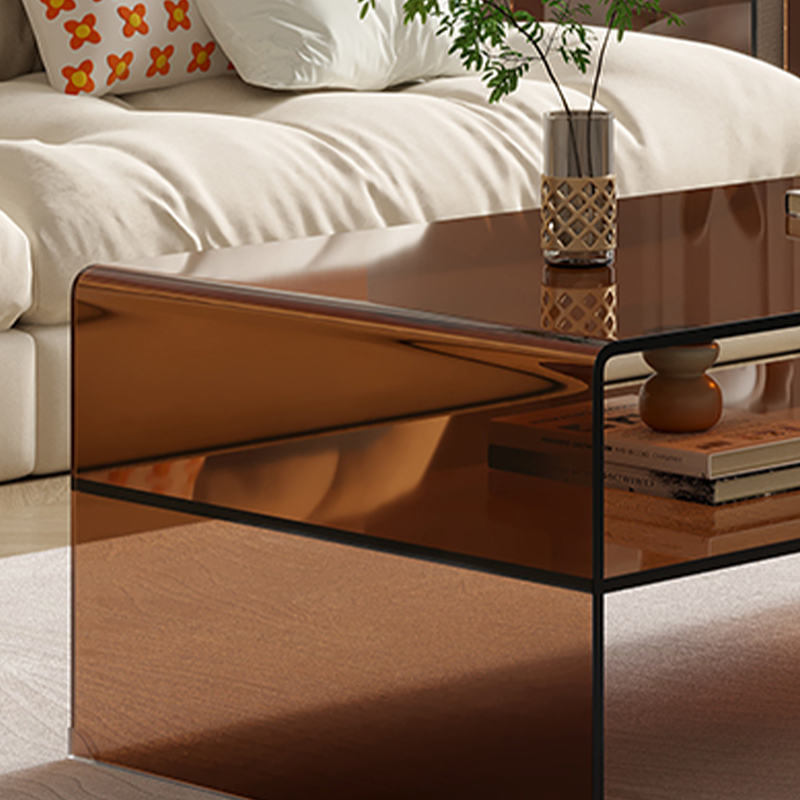 Rectangular Brown Glass Modern Coffee Table with Sled Base and Storage - image 6