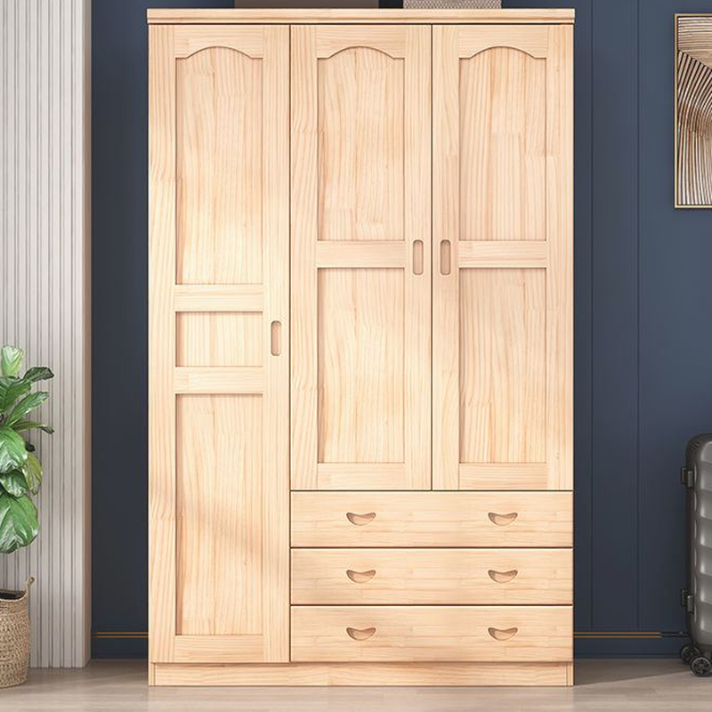 Natural Finish Minimalist Pine Wood Cabinet Armoire with 3-Drawer, Interior Shelves, and Clothing Rod