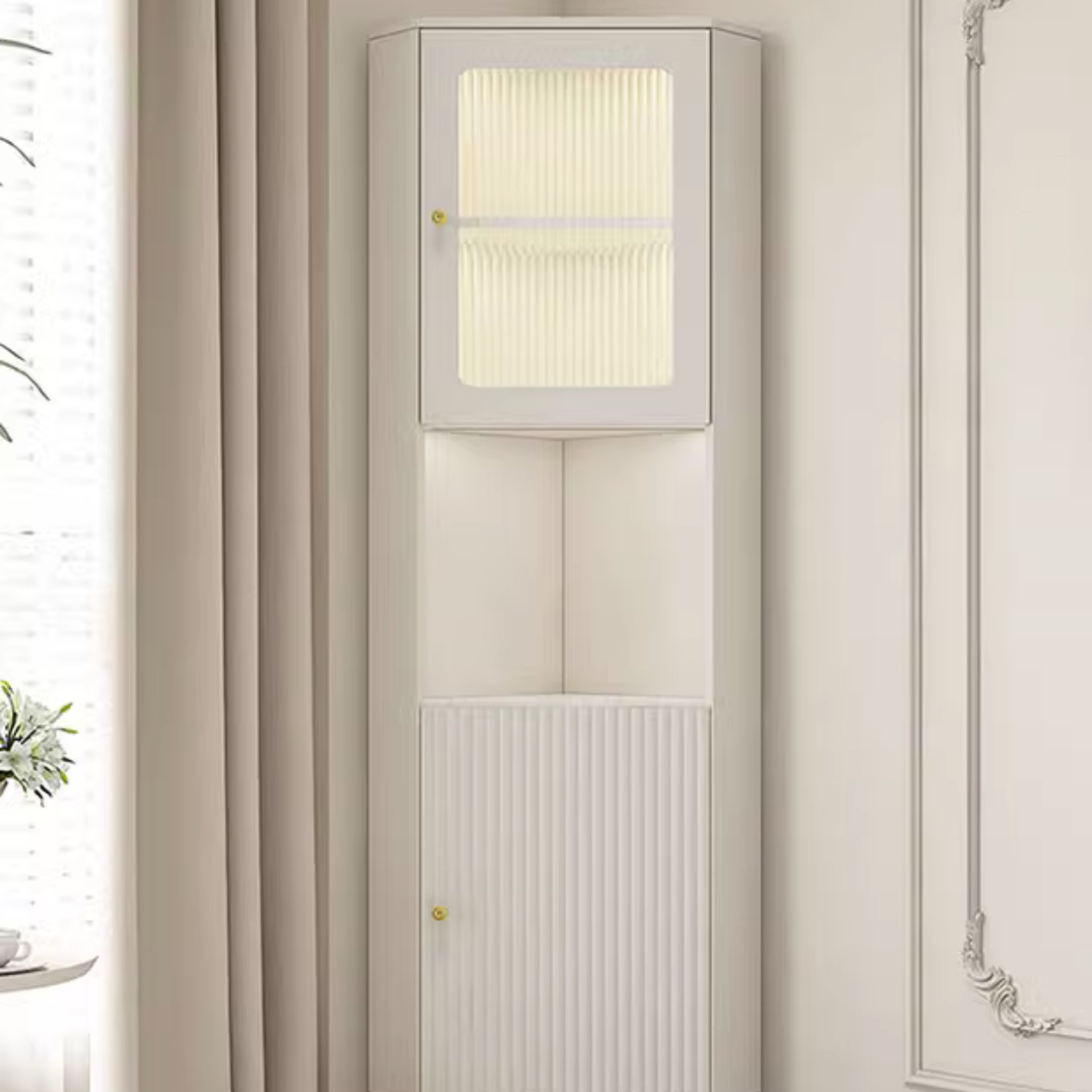 White Corner Modern Accent Cabinet with Stone Countertop, Glass Doors, and Cabinet Included - image 8