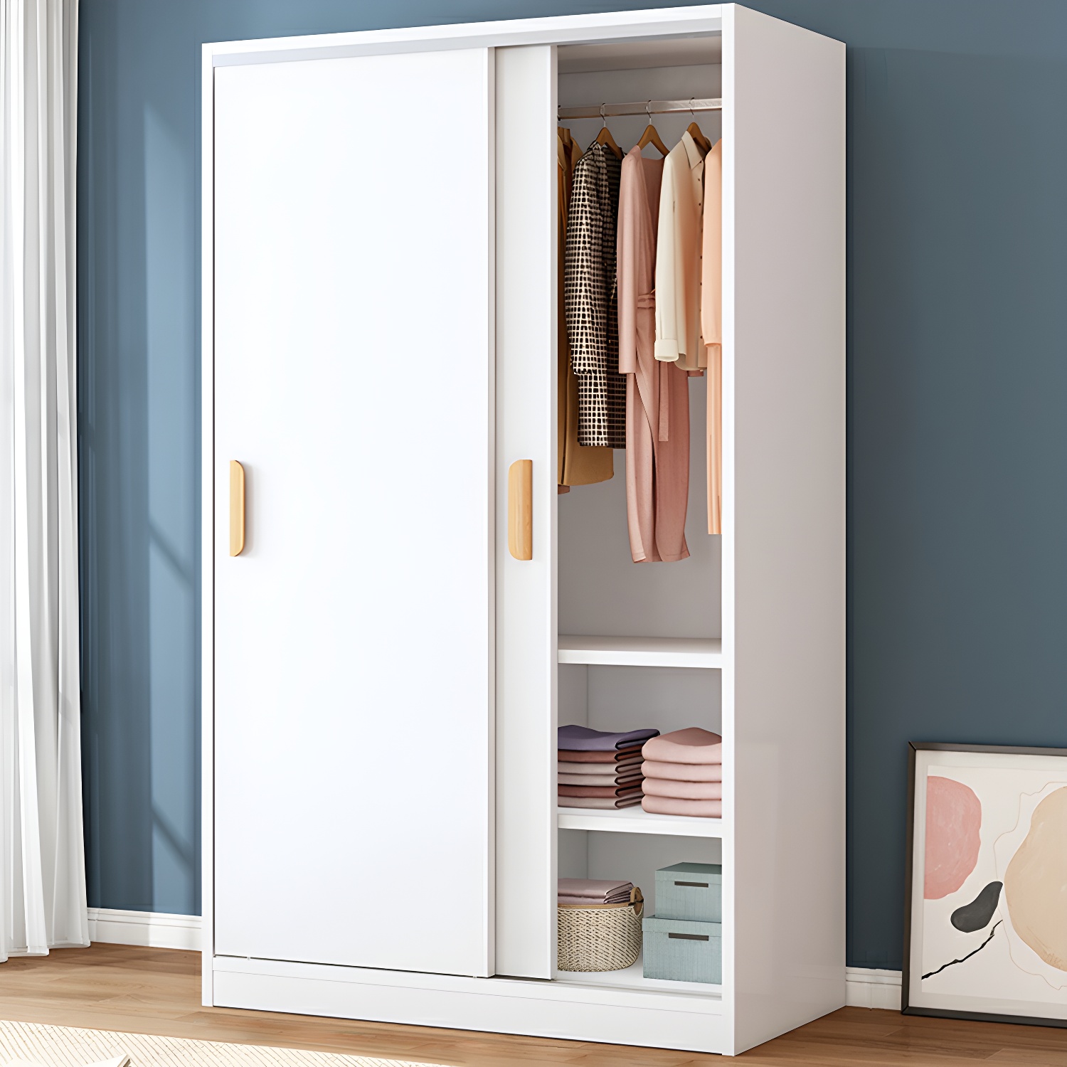 Contemporary Wood Wardrobe Armoire with Sliding Doors, Clothing Rod, and Interior Shelves - image 4