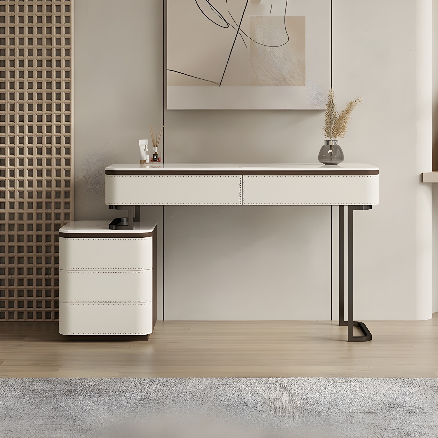 Modern Wood Vanity with Stone Top & 5 Drawers & Jewelry Storage & Assembly Required