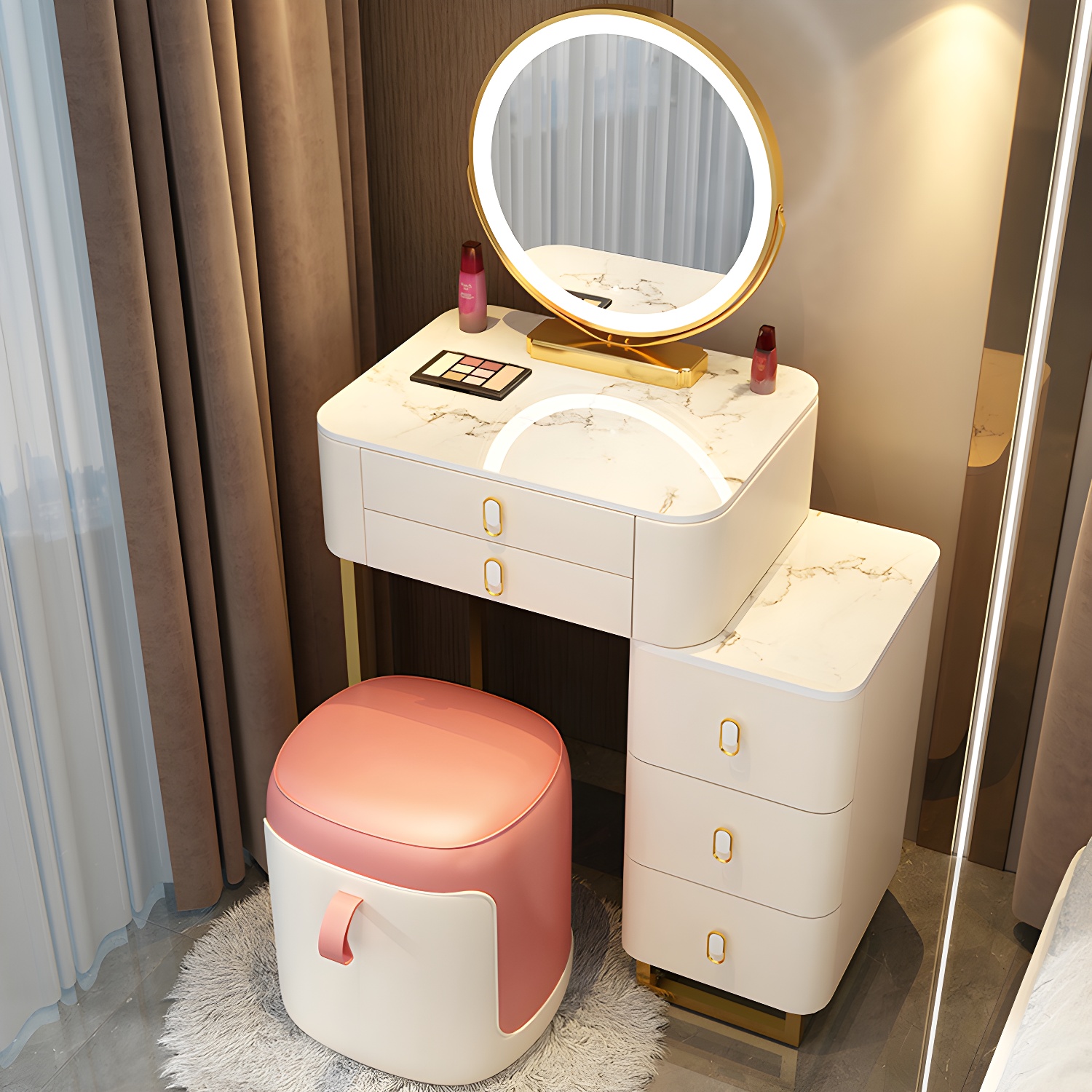 Stone Top Vanity with Storage Drawers Makeup Vanity Desk with Stool and Mirror - image 6