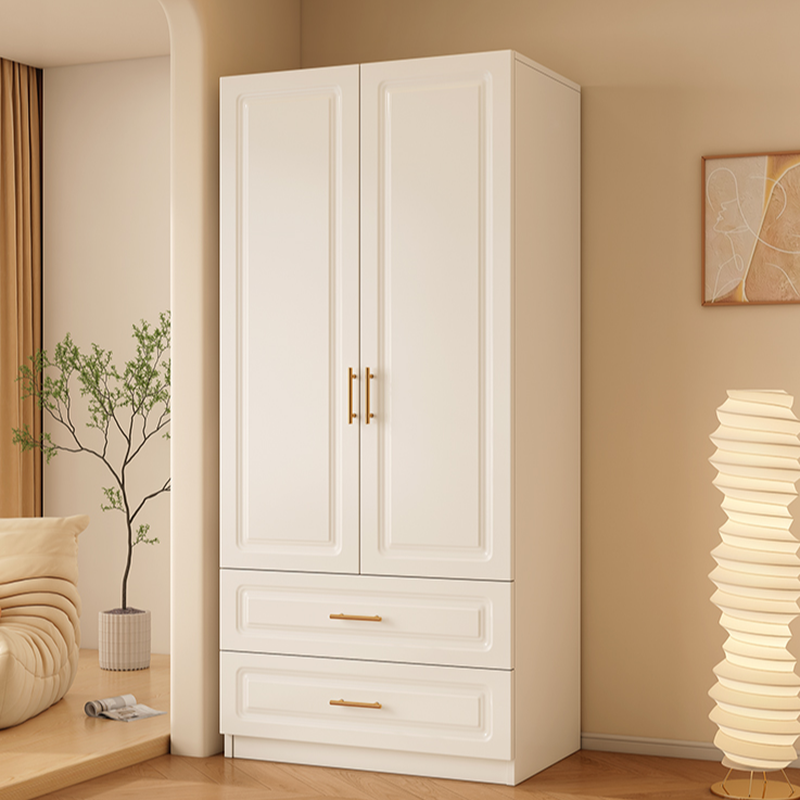 White Minimalist Manufactured Wood Wardrobe Closet with Soft Close Drawer, Soft Close Door, Interior Shelves, and Clothing Rod