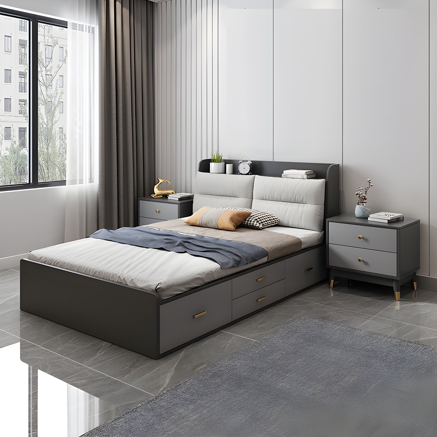 Scandinavian Low Profile Bed with Headboard Upholstered Bed with Drawers - image 4