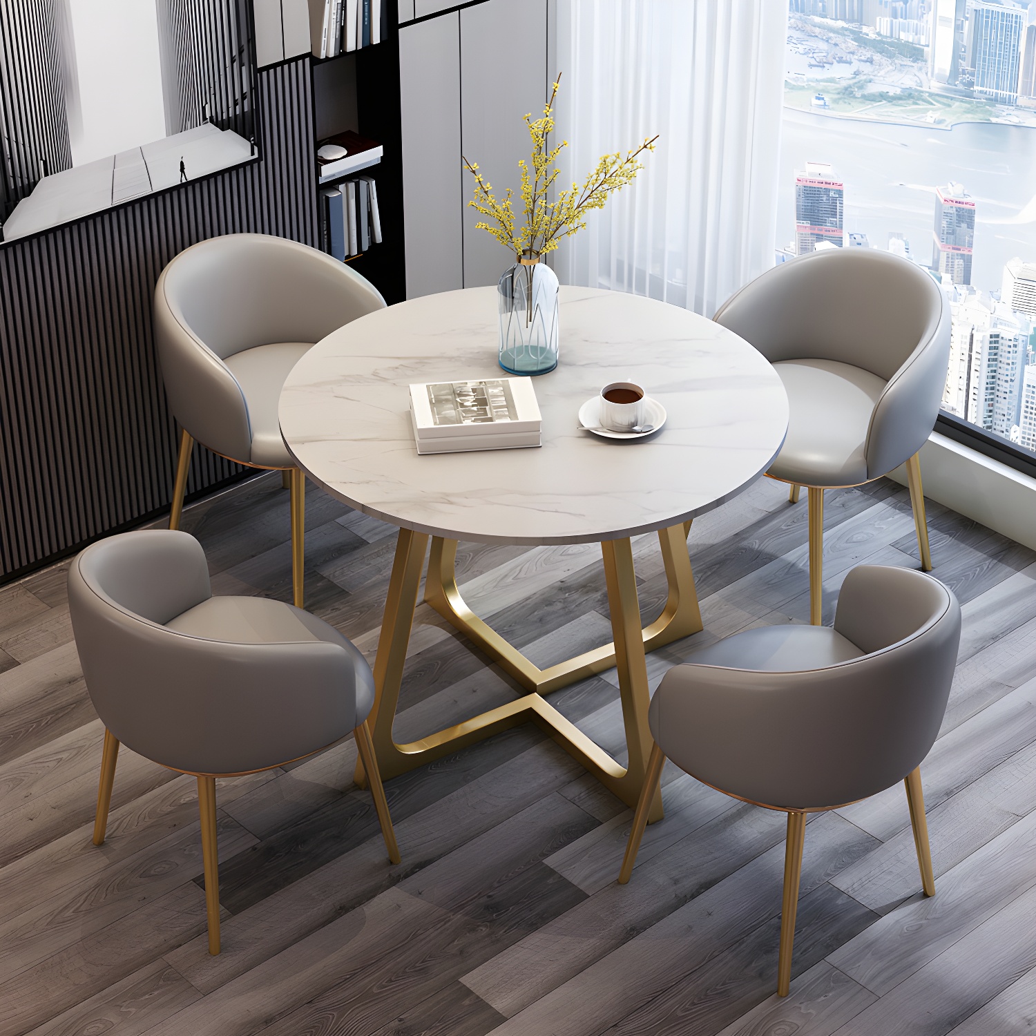 5-Piece Glam Dining Set Round White Table with Gold Metal Base and Upholstered Chairs - image 4