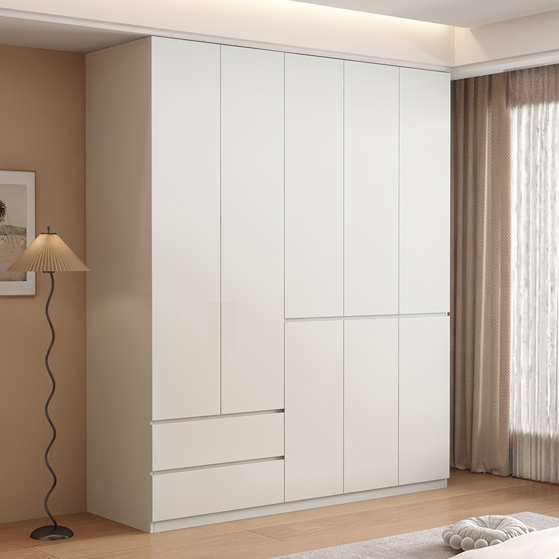 Sleek White Timber Contemporary Unattached Cabinet Armoire with 2 Drawers, Interior Shelves, and Hanging Rod